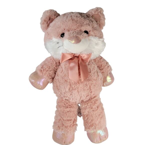 Kellytoy Pink Cat Plush 14" Stuffed Animal 2020 Satin Bow Shiny Nose Ears Feet - Picture 1 of 15